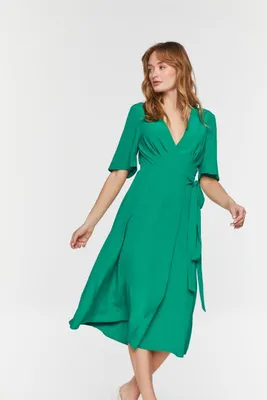 Women's Crepe Midi Wrap Dress in Green Small