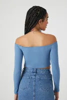 Women's Pointelle Off-the-Shoulder Crop Top in Dusty Blue Small