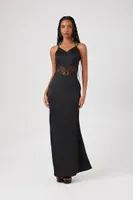 Women's Lace-Trim Satin Maxi Dress in Black Large