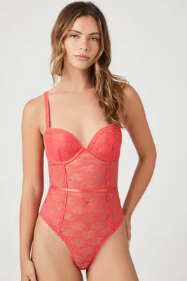 Women's Scalloped Lace Lingerie Bodysuit in Cayenne Small