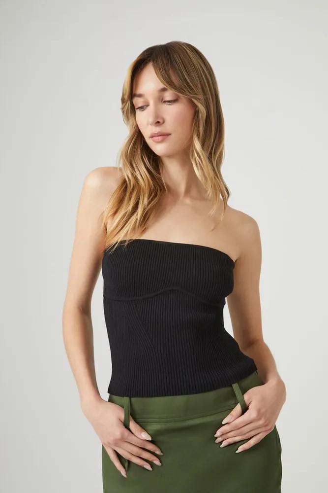 Women's Sweater-Knit Cropped Tube Top in Black Medium