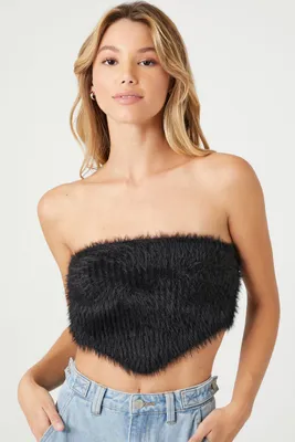 Women's Faux Fur Cropped Tube Top in Black Medium