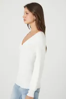 Women's Ribbed Knit V-Neck Sweater in White Small