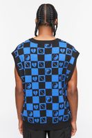 Men Checkered Yin Yang Sweater Vest in Black/Blue Medium