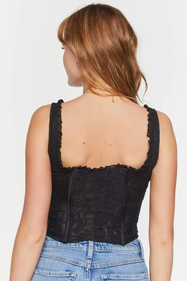 Forever 21 Women's Lace Ruffle-Trim Corset Top in Black Small