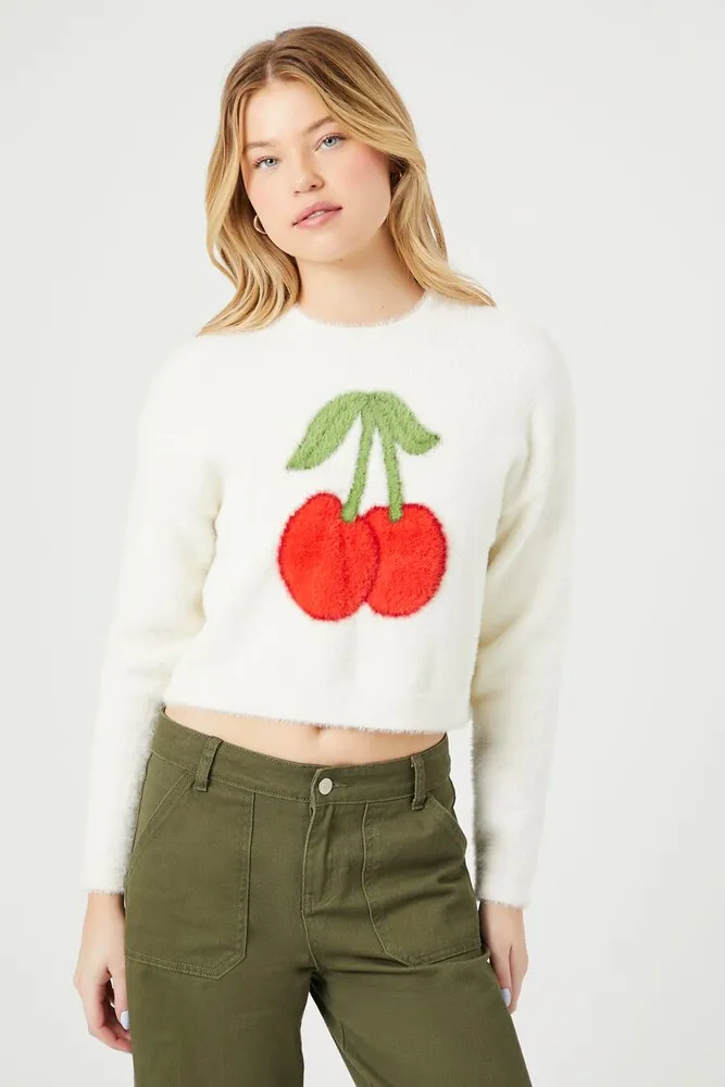 Women's Cropped Fuzzy Knit Cherry Sweater in Vanilla, XL