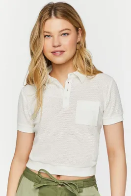 Women's Mesh Netted Cropped Polo Shirt in Vanilla Large