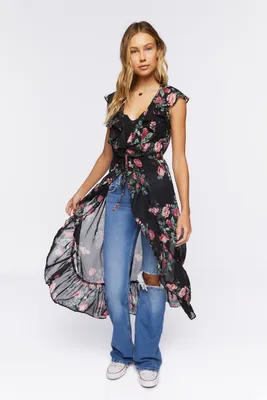 Women's Sheer Floral High-Low Ruffle Tunic in Black Small