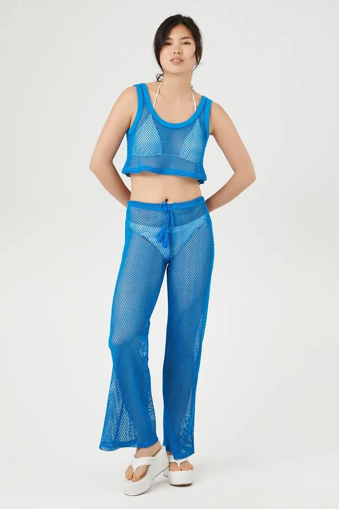 Women's Sheer Mesh Flare Pants in Ibiza Blue Small