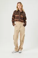 Women's Cropped Flannel Plaid Shirt in Brown Medium