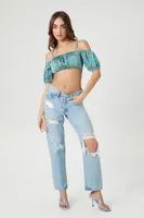 Women's Abstract Off-the-Shoulder Crop Top in Blue Small