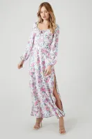 Women's Satin Floral Print Midi Dress in White/Pink Small