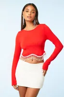 Women's Faux Pearl-Trim Seamless Crop Top in Red, S/M