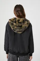 Women's Reversible Faux Fur Camo Bomber Jacket in Black Small