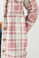 Women's Plaid Faux Shearling Longline Jacket in Pink Large