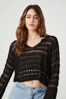 Women's Cropped Open-Knit Sweater in Black Small