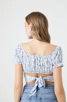 Women's Floral Surplice Tie-Back Crop Top in White Large