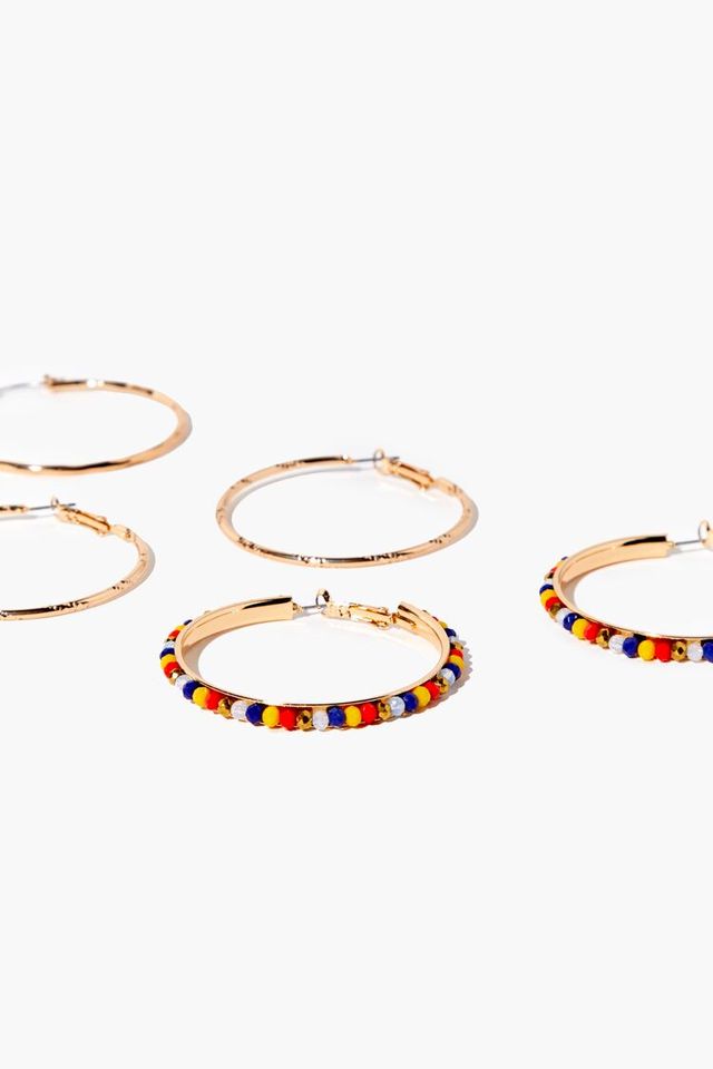 Women's Beaded Hoop Earring Set in Gold