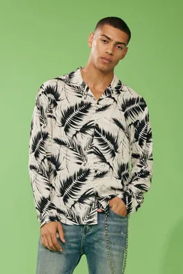 Men Tropical Print Long-Sleeve Shirt in White Medium