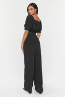 Women's Puff-Sleeve Crop Top & Wide-Leg Pants Set in Black Small