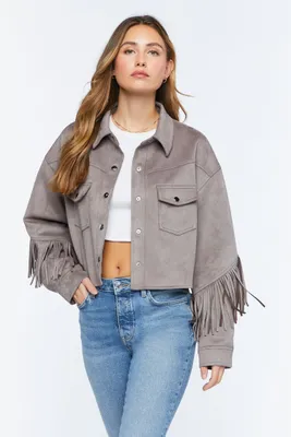 Women's Faux Suede Fringe Trucker Jacket in Taupe Medium