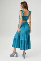 Women's Smocked Crop Top & Midi Skirt Set in Teal, XL