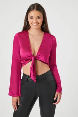 Women's Bell-Sleeve Tie-Front Top in Fuchsia, XS