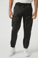 Men Satin 3D Pocket Cargo Joggers in Black, XXL