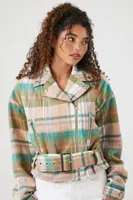 Women's Plaid Belted Moto Jacket in Tan Small