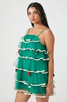 Women's Tiered Mesh Christmas Tree Dress in Green, XS