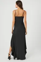 Women's Satin Ruffle High-Low Dress in Black Small