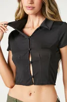 Women's Cutout Button-Front Cropped Shirt