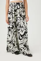 Women's Satin Ornate Print Wide-Leg Pants in Black Medium