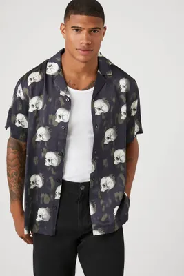 Men Satin Skull Print Shirt in Black/Cream, XL