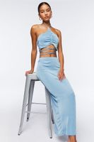 Women's Slinky Halter Top & Maxi Skirt Set in Light Blue Large