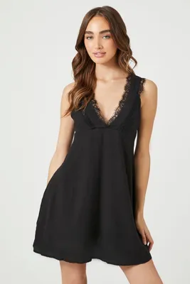 Women's Jacquard Lace-Trim Mini Dress in Black Small