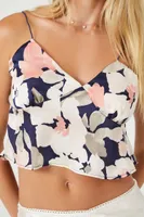 Women's Satin Floral Print Cropped Cami in Navy/Coral Large