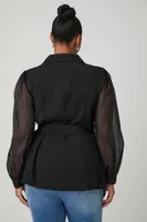 Women's Belted Sheer-Sleeve Blazer in Black, 0X