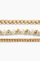 Women's Faux Pearl & Curb Chain Bracelet Set in Gold/Cream