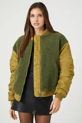 Women's Faux Shearling Puffer Jacket Olive/Olive