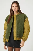 Women's Faux Shearling Puffer Jacket in Olive/Olive Medium