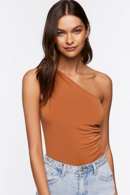 Women's Ruched One-Shoulder Crop Top in Praline Medium