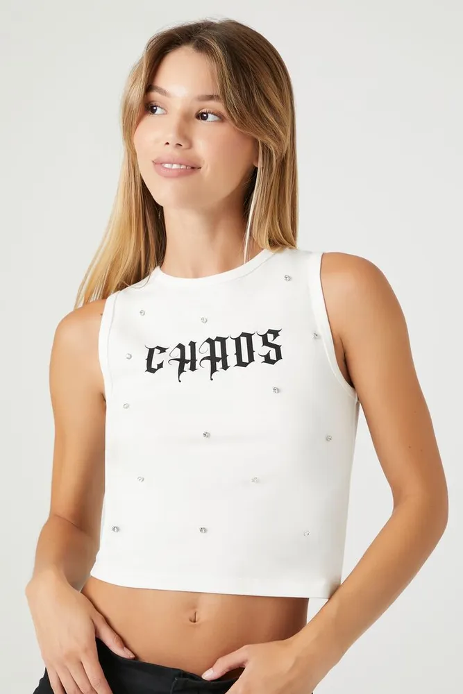 Women's Faux Gem Chaos Graphic Tank Top in White/Black Medium