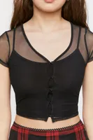 Women's Sheer Mesh Button-Loop Crop Top in Black Medium