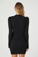 Women's Puff-Sleeve Mini Sweater Dress in Black Large