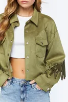 Women's Faux Suede Fringe Trucker Jacket in Olive, XS