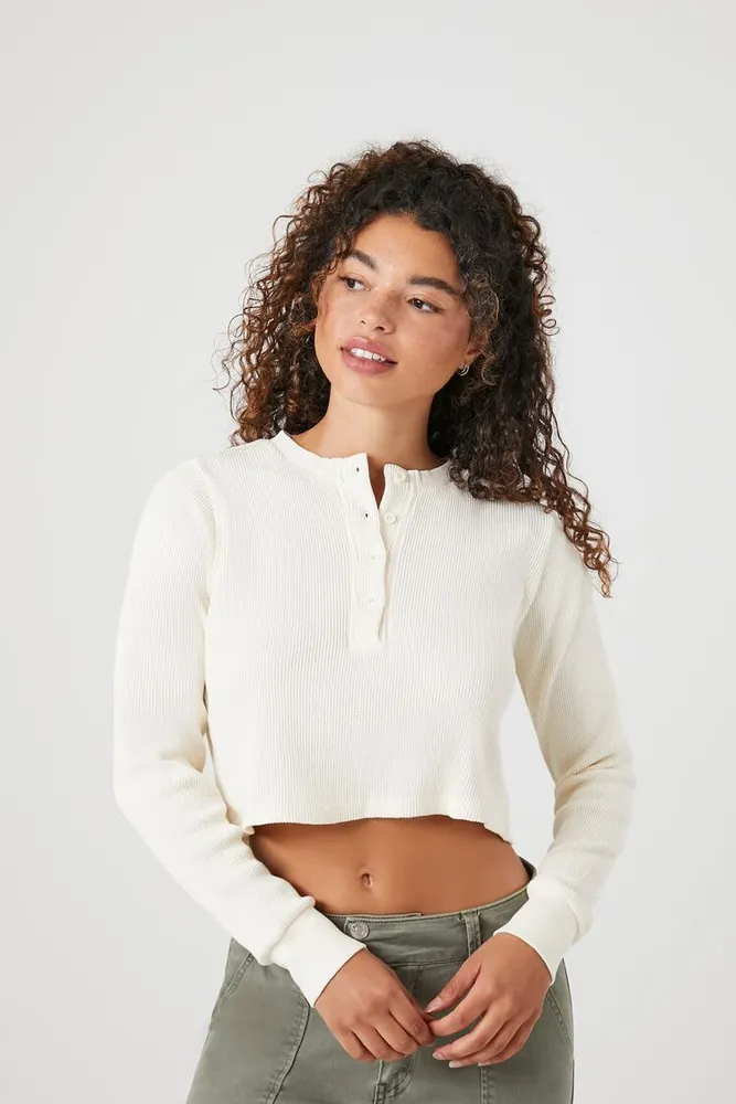 Forever 21 Women's Waffle Knit Cropped Henley Top in White, XL