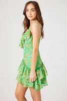 Women's Ruffled Floral Print Mini Dress in Green Medium