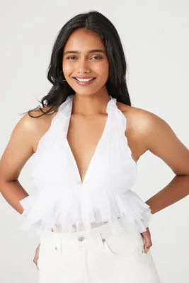 Women's Mesh Ruffle Halter Crop Top in White Medium