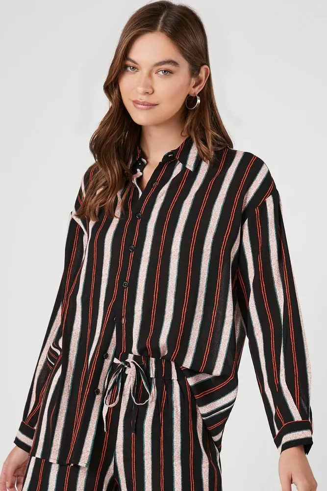 Women's Striped Long-Sleeve Shirt & Shorts Set in Black Small